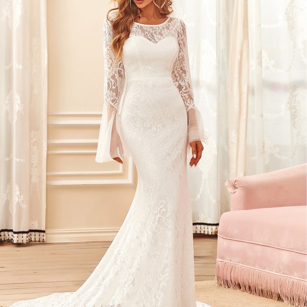 New Flounce Sleeve Floor Length Lace Wedding Dress